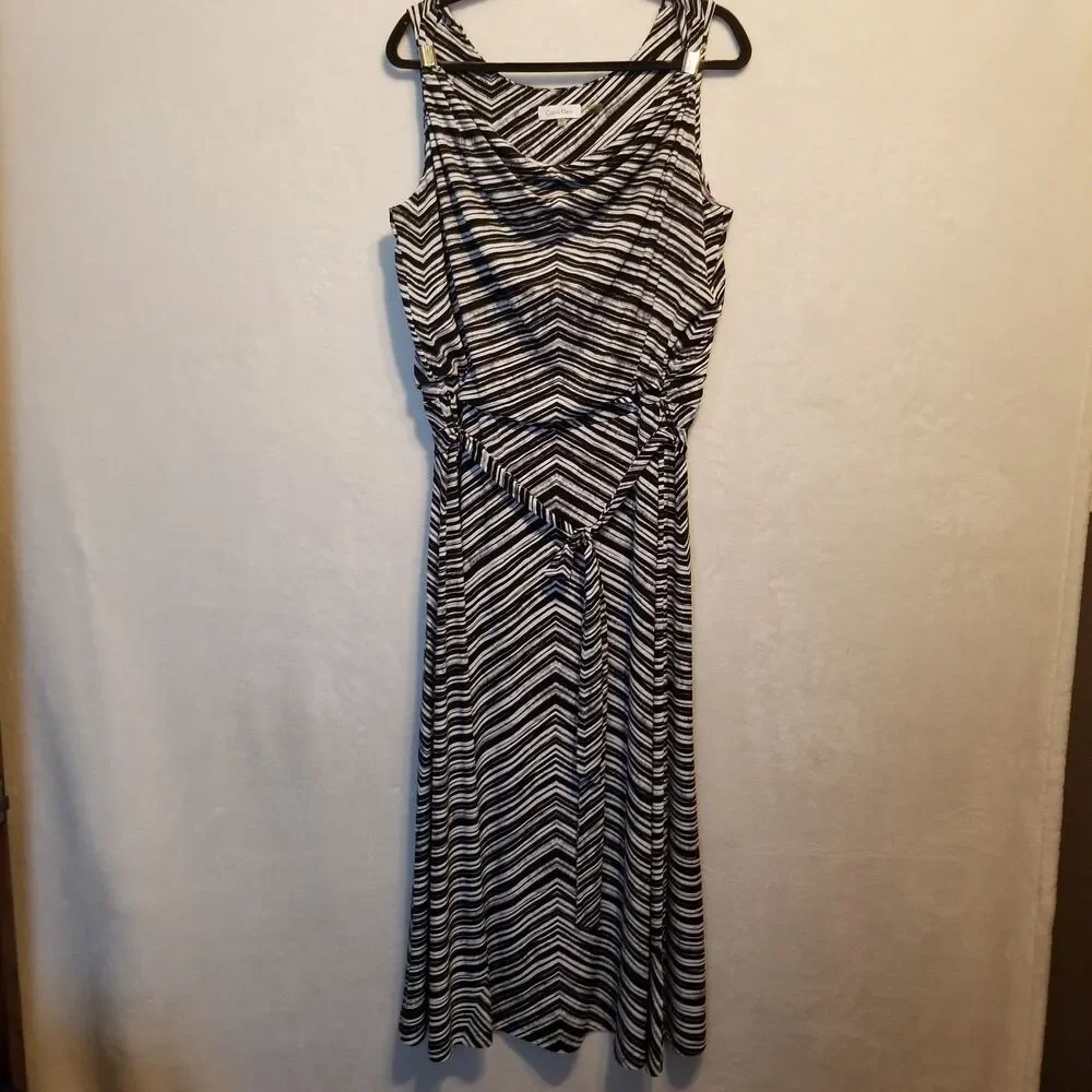 Calvin Klein 0X (XL) Dress Maxi Cowel Neck Blouson Tie Belt Chevron Office